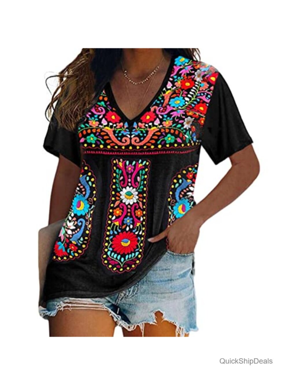 Floral Embroidered Short Sleeve Boho T-Shirt Loose Fit